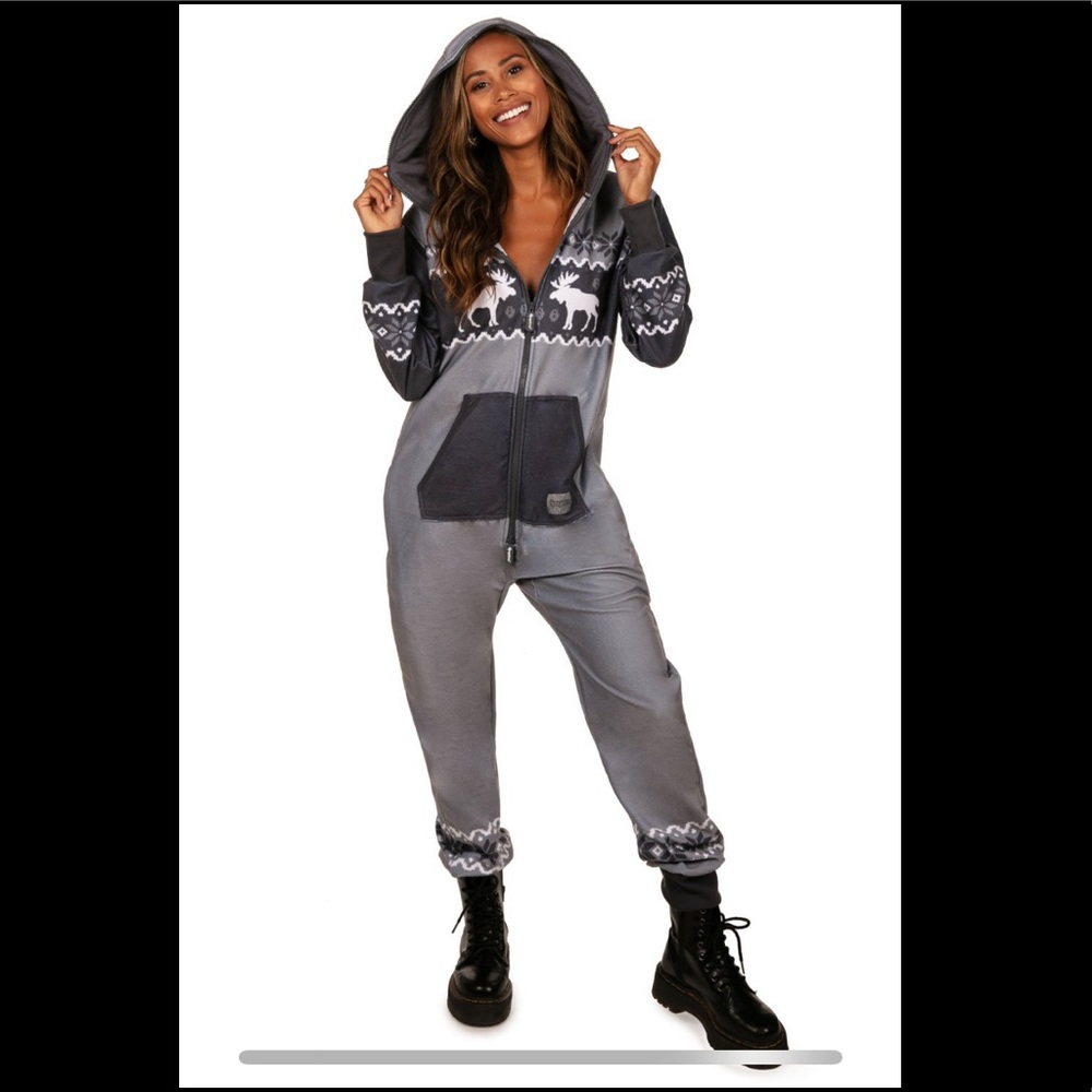 Black Grey Moose Jumpsuit onesie Pockets zip up S